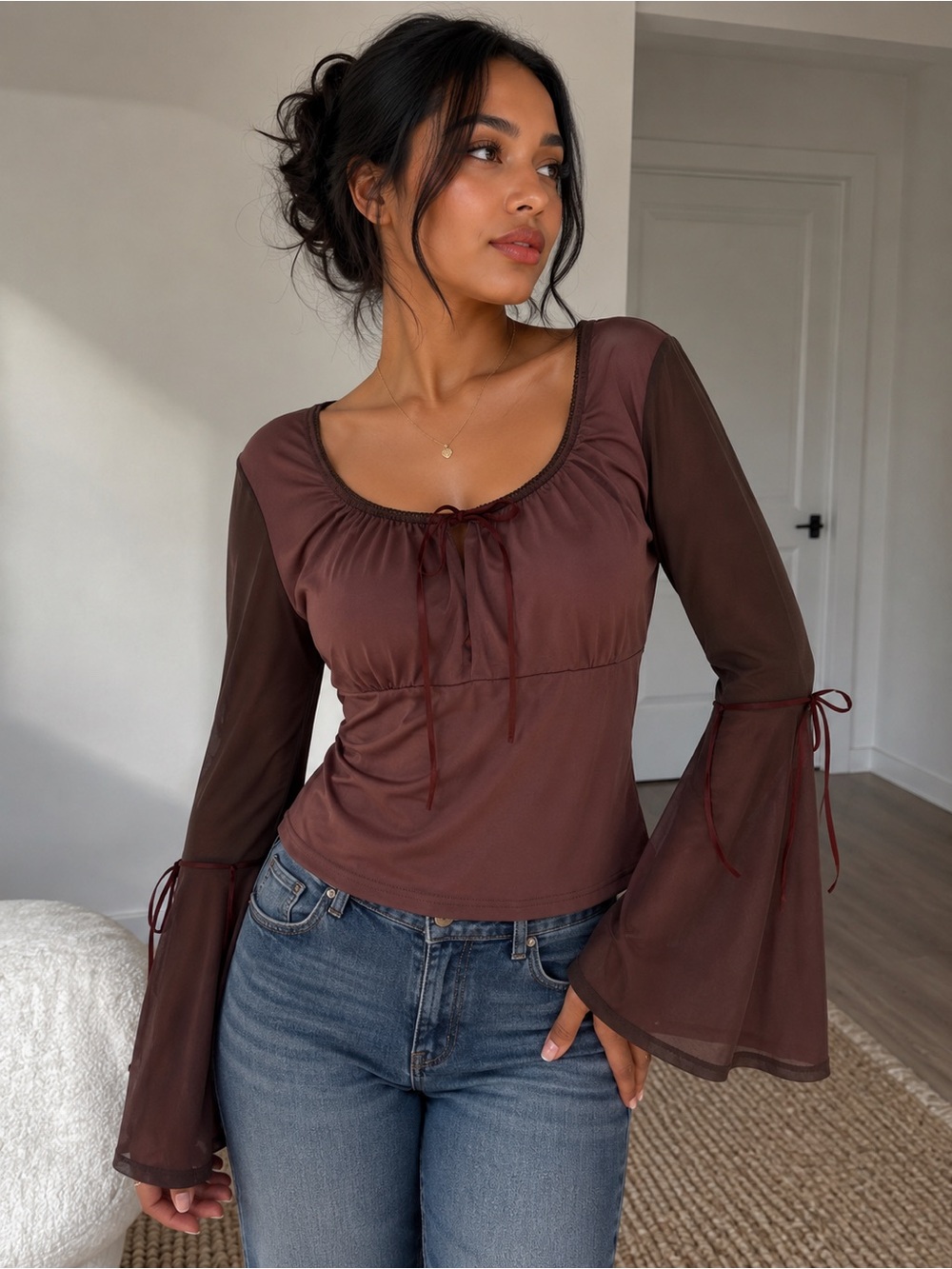 Brown Sheer Bell-Sleeve Women's Top